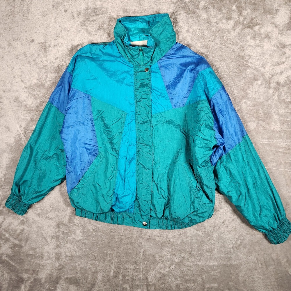 Marina Bay Windbreaker Women Large Colorblock Teal Blue Full Zip Vintage EUC